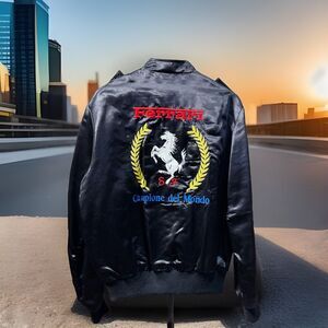 Vintage 1980s Style Auto Ferrari Campione Del Mondo Red Satin Jacket Size M